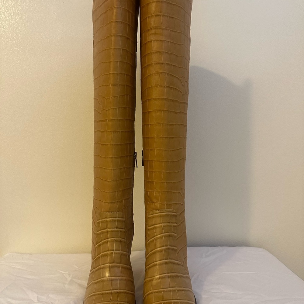 NWT Leather Tan Croc-Embossed Knee-High Boots Size 10M